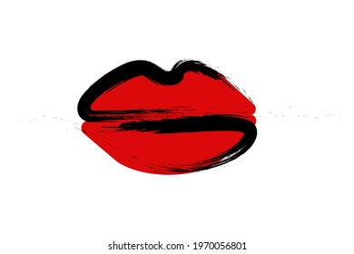 Red lips are painted with a black brush, isolated on white. Print for T-shirts, websites, decorative pillows. Vector graphics.