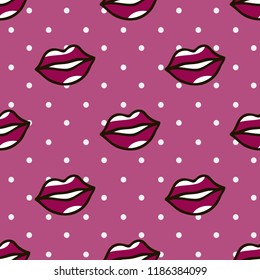 red lips pattern in cartoon style on dots background for your design