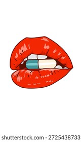 Labios rojos con pastillas sobre fondo blanco. Medicamento en la boca