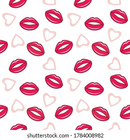 Red lips and pink hearts on a white background. Seamless pattern. Vector