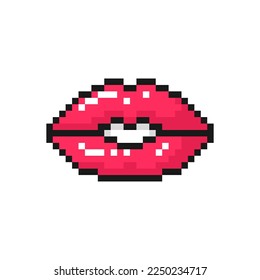 Icono de píxel de labios rojos. Símbolo del Día de San Valentín. Aislado en el signo vectorial de fondo blanco
