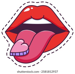 Red lips playfully sticking out the tongue while holding a heart shaped candy, surrounded by a dashed line, perfect for Valentine s Day or any romantic themed project