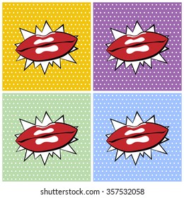 Red lips. Pop-art set halftone backgrounds. Vector illustration