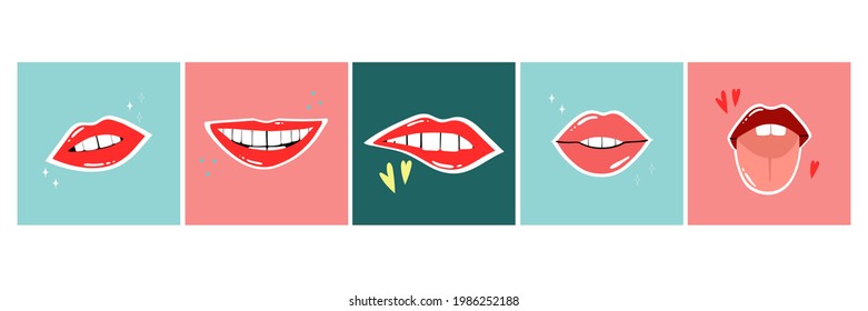 Red lips poster set. Female sexy lipstick modern card. Woman lip with makeup, tongue and white teeth, trendy glamour sticker. Shiny gloss cosmetic, cartoon vector isolated contemporary illustration
