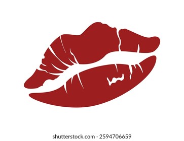 Red lips print with cracks and imperfections on a white background. The design resembles a lipstick imprint, symbolizing love, passion, and beauty. Vector illustration