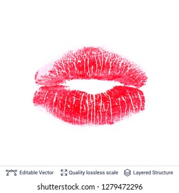 Red lips print isolated on white background. Lipstick kiss stamp. Flat vector design element.