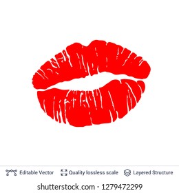 Red lips print isolated on white background. Lipstick kiss stamp. Flat vector design element.