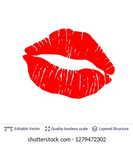 Red lips print isolated on white background. Lipstick kiss stamp. Flat vector design element.