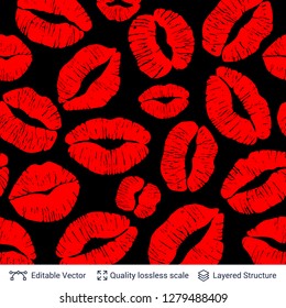 Red lips print isolated on black background. Vector seamless pattern. Flat design easy to edit.