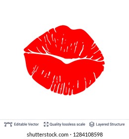 Red lips print isolated on white background. Lipstick kiss stamp. Flat vector design element.