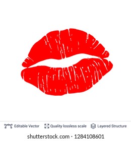 Red lips print isolated on white background. Lipstick kiss stamp. Flat vector design element.