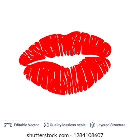 Red lips print isolated on white background. Lipstick kiss stamp. Flat vector design element.