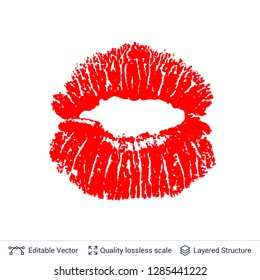 Red lips print isolated on white background. Lipstick kiss stamp. Flat vector design element.