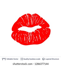 Red lips print isolated on white background. Lipstick kiss stamp. Flat vector design element.