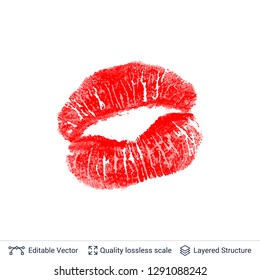 Labios rojos impresos aislados sobre fondo blanco. Sello de beso de lápiz labial. Elemento de diseño de Vector plano.