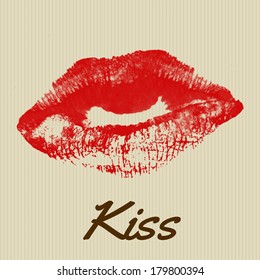 Red lips print on retro background, vector illustration
