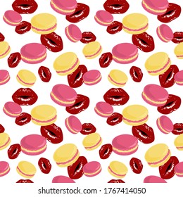 Red lips prints with gloss and macarons. Vector seamless background.