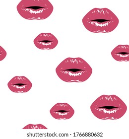 Red lips prints with gloss. Vector seamless background.
