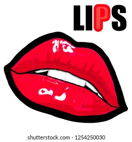 Red lips retro icon isolated on white background. Vector illustration.