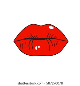 Red lips retro icon isolated on white background pop art style. Vector illustration.
