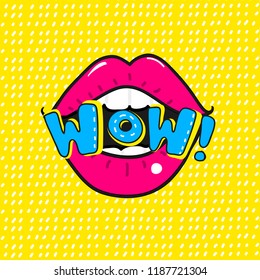 Los labios rojos dicen Wow.Vector Pop Art ilustración de Open mouth y WOW Mensaje, fondo promocional, afiche de presentación. 