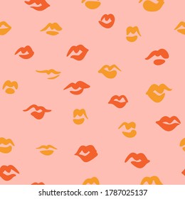 Red lips seamless pattern. Doodle lip kiss background. Retro fashion glamour print.