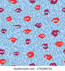 Red lips seamless pattern. Doodle lip kiss background. Retro fashion glamour print with spotted leopard skin texture.