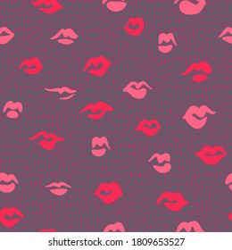 Red lips seamless pattern. Doodle lip kiss background. Retro fashion glamour print on dashed lines texture.