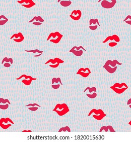 Red lips seamless pattern. Doodle lip kiss background. Retro fashion glamour print.