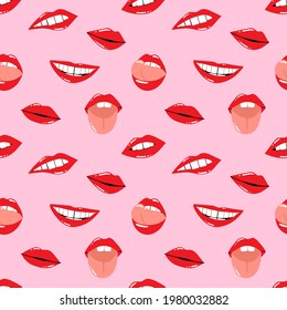 Patrón sin costuras de labios rojos. Palo de labio sexy para mujeres. Palo de labio de mujer con maquillaje, lengua y dientes blancos, vectores de dibujos animados aislados decoración contemporánea textil, papel de revestimiento papel tapiz vectorial o tela