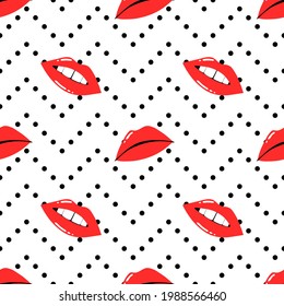 Patrón sin costuras de labios rojos. Palo de labio sexy para mujeres. Palo de labio de mujer con maquillaje, lengua y dientes blancos, vectores de dibujos animados aislados decoración contemporánea textil, papel de revestimiento papel tapiz vectorial o tela