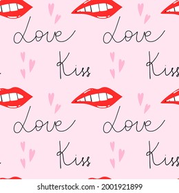 Patrón sin costuras de labios rojos. Palo de labio sexy para mujeres. Palo de labio de mujer con maquillaje, lengua y dientes blancos, vectores de dibujos animados aislados decoración contemporánea textil, papel de revestimiento papel tapiz vectorial o tela