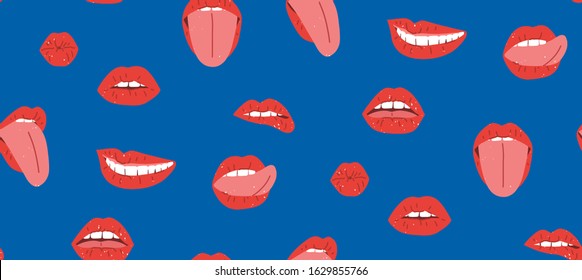 Red lips seamless pattern, great design for any purpose. Female mouths, teeth, tongue, kiss, smile, vector illustration. Textile print design. Pop art lips design. 