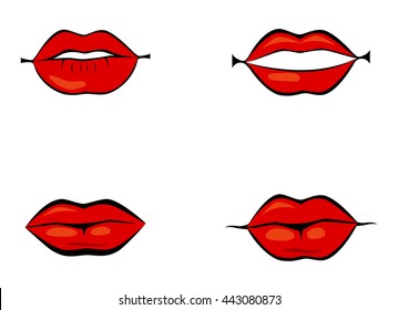 Red lips set, cartoon flat style vector illustration