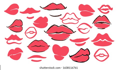 Red lips set hand drawn with ink paint brush, isolated on white background. Vector illustration