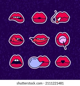 Etiquetas de labios rojos, pegatinas de boca hembra, Ilustración dibujada al estilo de los cómics