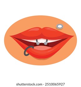 Red lips showing tongue and lip piercings on a cartoon face