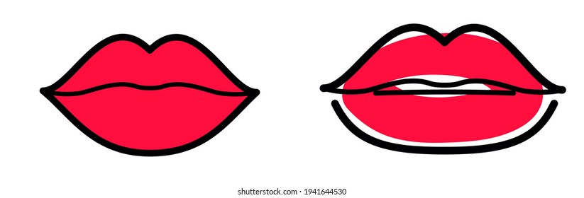 Rote Lippen, einfache Zeilensymbole. Vektor-Piktogramm-Zeichen.