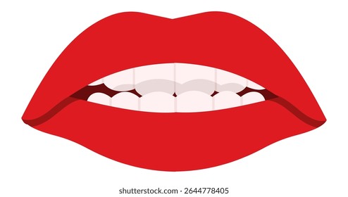 Rote Lippen leicht offen, die Zähne beißende Unterlippe zeigen, in Nahaufnahme, Vorderansicht einzeln auf weißem Hintergrund, die Sinnlichkeit, Schönheit und Begierde repräsentieren