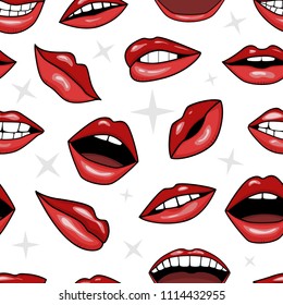 red lips, smile and mouth with teeth in tattoo style vector seamless pattern background