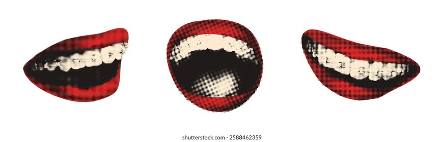 Red lips smiling halftone art collage cut outs set. Female mouths. Modern retro mixed media vector illustration isolated on transparent background