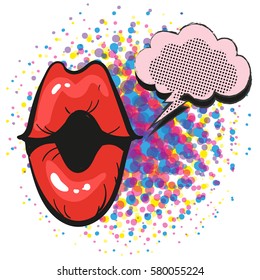 Red lips with speach bubble female mouth in pop art style for advertising