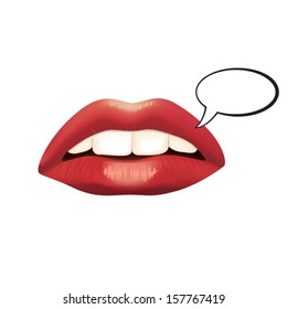 Red lips with speech bubble isolated on white background. Vector illustration.