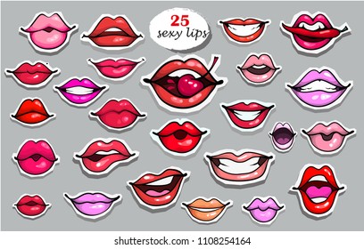 Red lips sticker collection. Illustration isolated on greybackground. Patches set. Banner.Fashion patch badges elements. Set of stickers, pins, patches in cartoon 80s-90s comics retro style.