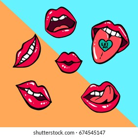 Red lips sticker collection. Illustration isolated on blue background. Patches set. Banner.
Fashion patch badges elements. Set of stickers, pins, patches in cartoon 80s-90s comics retro style.