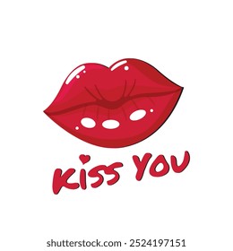 red lips sticker with kiss you text isolated on white background