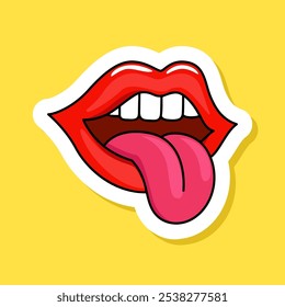 Pegatina de labios rojos en Ilustración vectorial de estilo retro sobre fondo amarillo. Labios y lengua imagen de dibujos animados