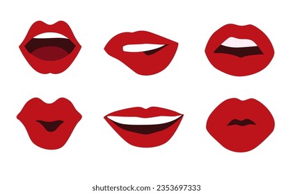 Aufkleber mit roten Lippen. Leidenschaftliche Make-up mit sexy Küssen und Lächeln für buntes Pop-Design und offenen Vektorgrafik-Schönheit Ausdruck