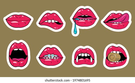 Red lips stickers set. Cute sticky labels decorated with sexy woman's lips expressing different emotions isolated. Pop Art Vector Illustration