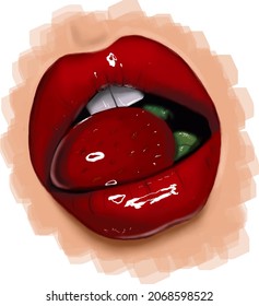 labios rojos con fresa, dibujo digital